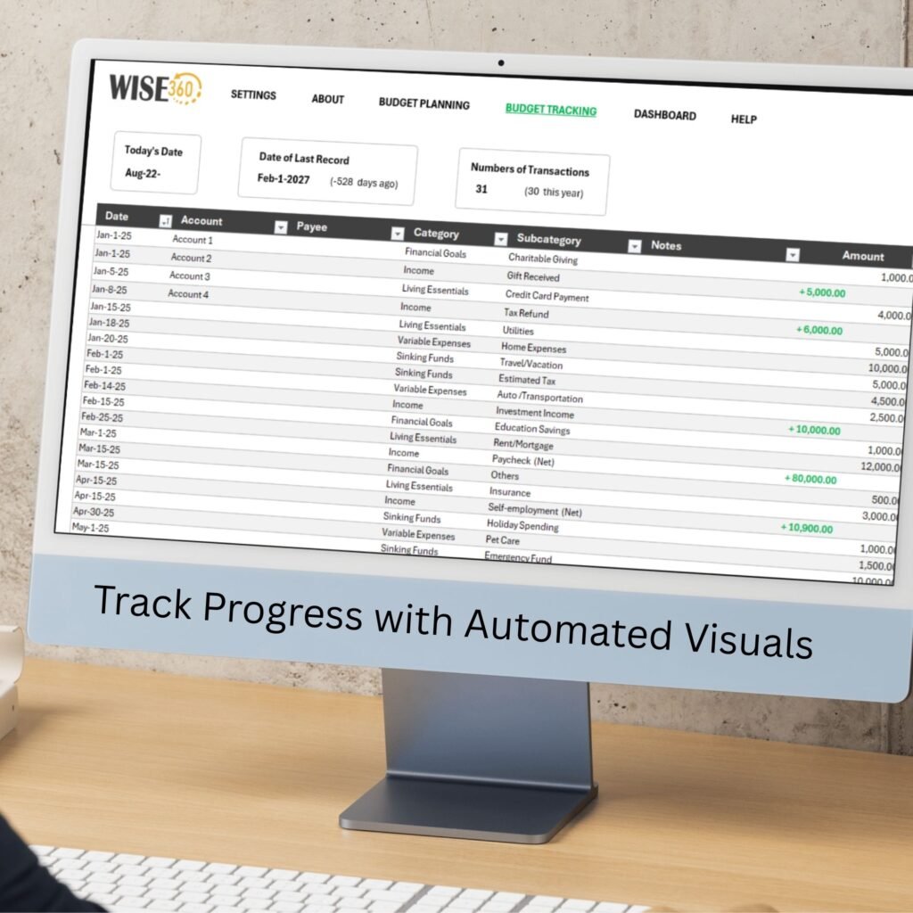 Inside Preview_Tracking | WISE360 a computer screen showing wise360 ultimate 5-year budget planner's spending tracking