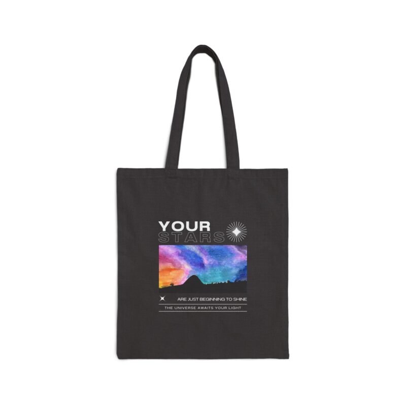 Canvas tote bag with cosmic sky and mountain design, reads "Your Stars"; ideal for graduation or everyday eco-friendly use.