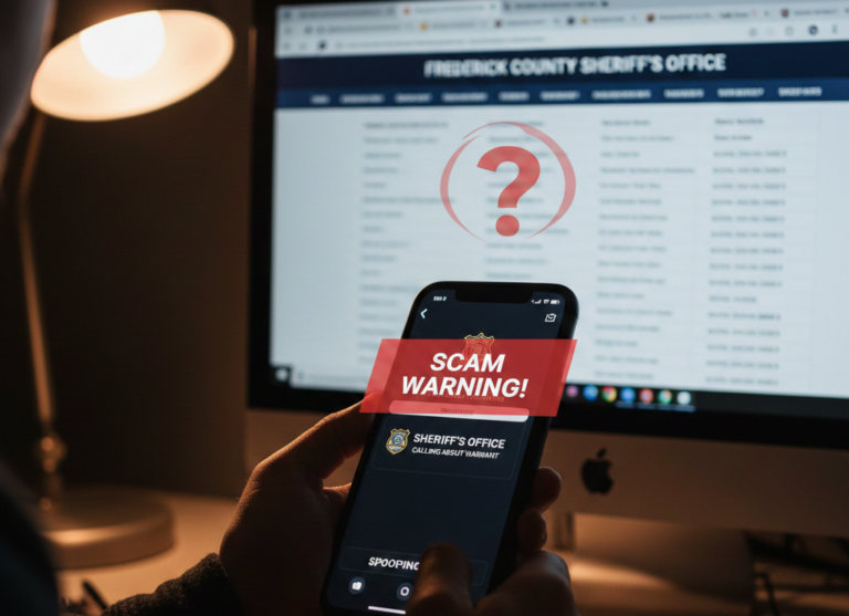 in front of a person holding a cell phone with the wording "scam warning" is a computer screen with a question mark